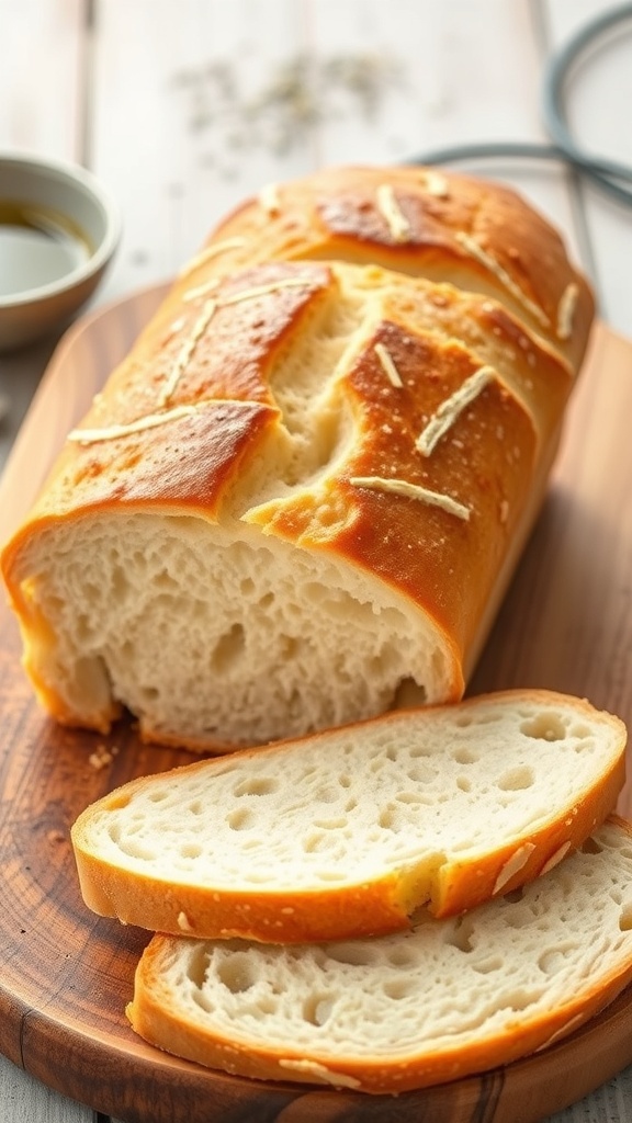 Gluten-Free Bread Recipe from King Arthur Flour A golden brown gluten-free bread loaf sliced on a wooden board, showcasing its soft texture.
